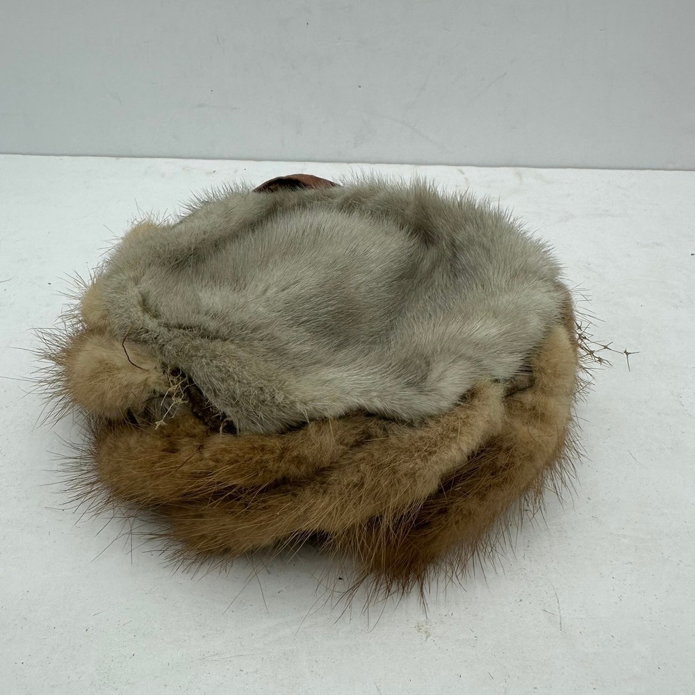 Vintage Lora Real Fur Pillbox Hat Grey Brown Satin Bow Accents Hair Combs